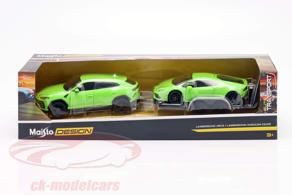 3-Car Set Lamborghini Urus 和 拖车 和 Lamborghini Huracan 绿色 1:24 Maisto