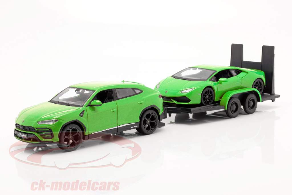 3-Car Set Lamborghini Urus Met Aanhanger en Lamborghini Huracan groente 1:24 Maisto