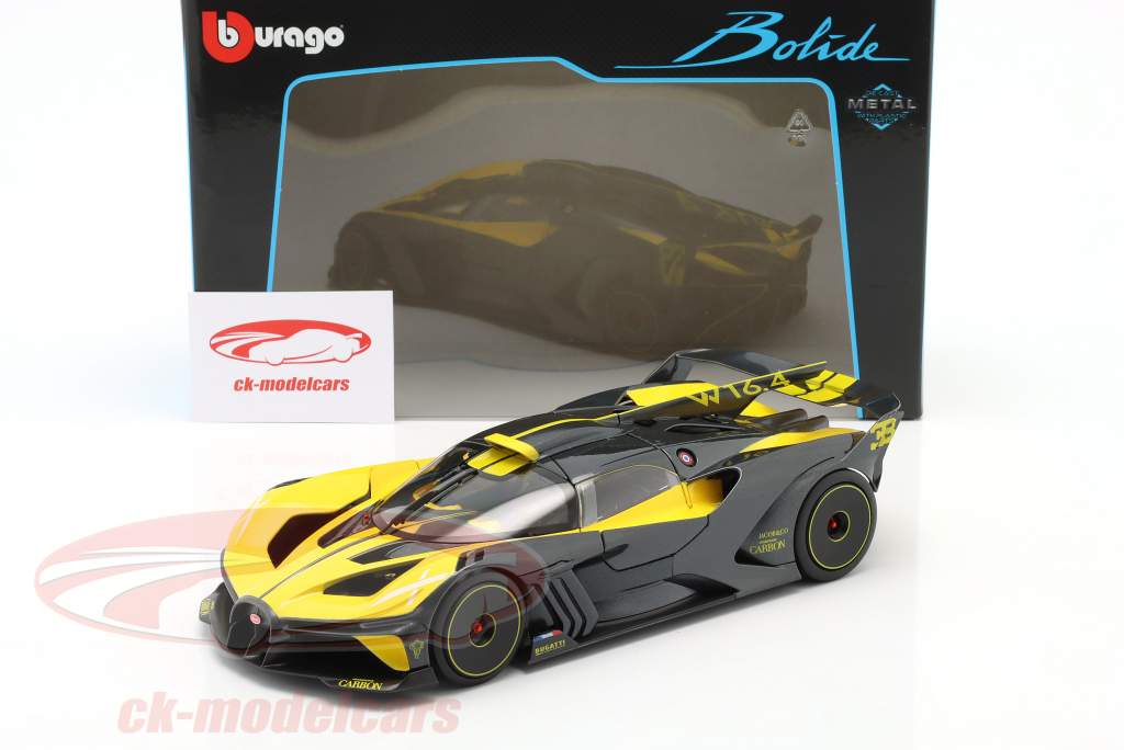 Bugatti Bolide W16.4 Ano de construção 2020 amarelo / carbono 1:18 Bburago