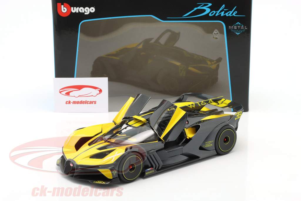 Bugatti Bolide W16.4 Byggeår 2020 gul / kulstof 1:18 Bburago