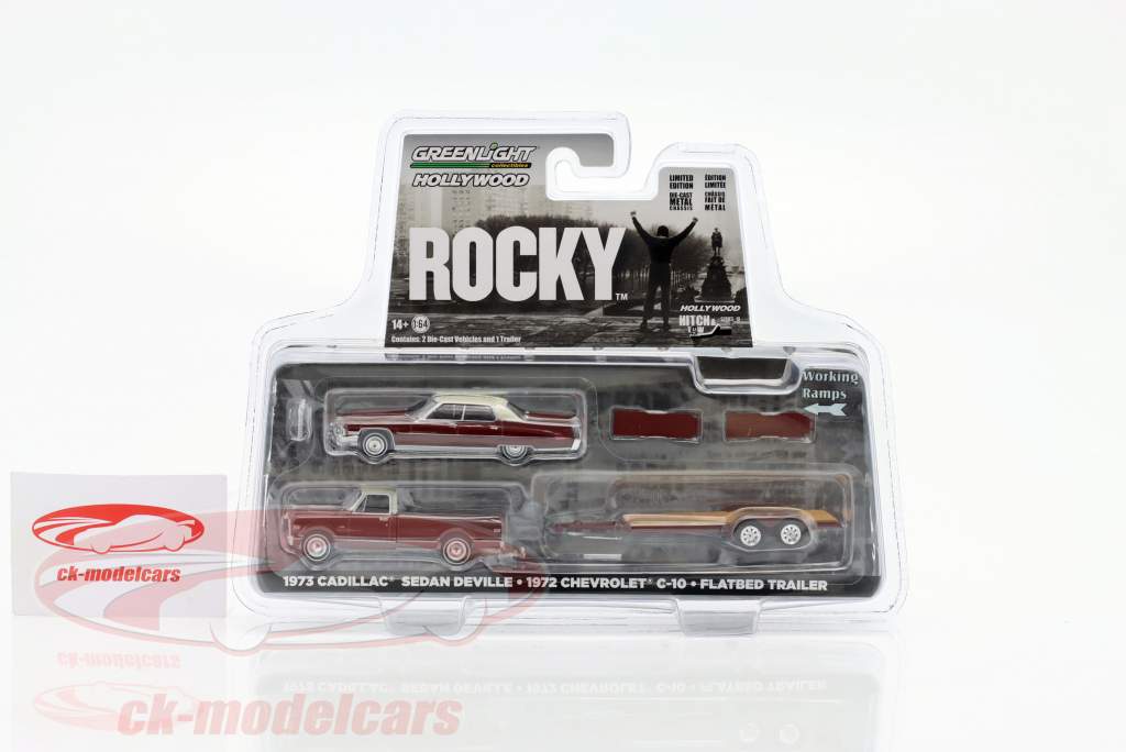 3-Car Set Rocky: Cadillac Sedan deVille & Chevrolet mit Trailer 1:64 Greenlight
