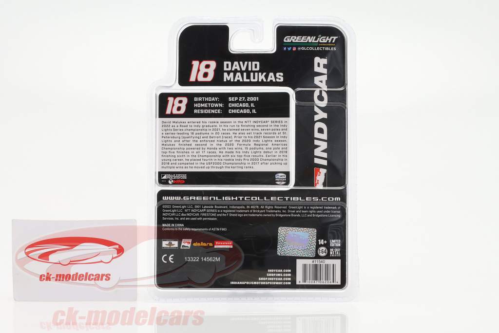 David Malukas Honda #18 IndyCar Series 2022 1:64 Greenlight