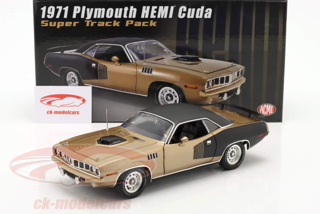 Plymouth Hemi Cuda Super Track Pack vinyl tag 1971 gyldenbrun / sort 1:18 GMP