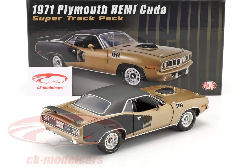 Plymouth Hemi Cuda Super Track Pack vinyl tag 1971 gyldenbrun / sort 1:18 GMP