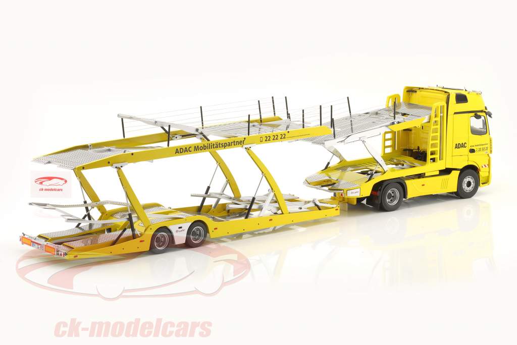 Mercedes-Benz Actros GigaSpace 4x2 & Lohr transportador de coches ADAC amarillo 1:18 NZG