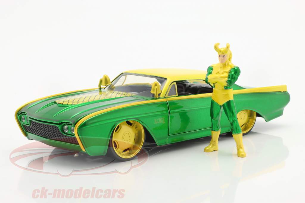 Ford Thunderbird 1963 Con Marvel figura Loki verde / amarillo 1:24 Jada Toys