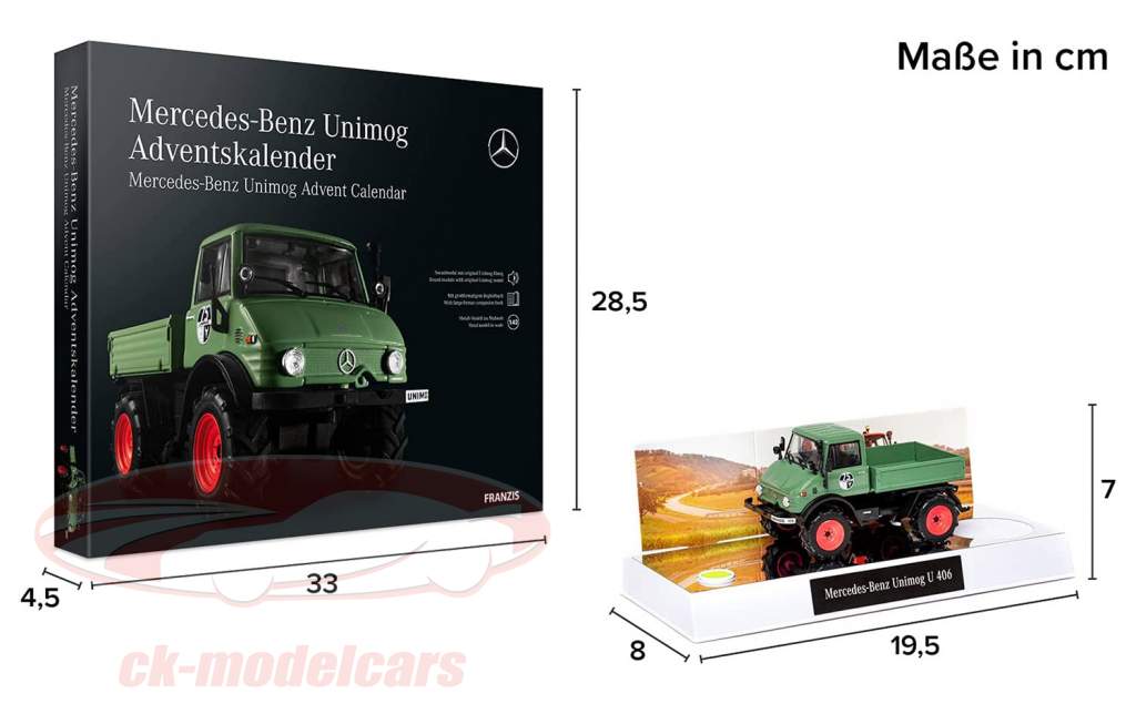 Unimog Calendario de adviento: Mercedes-Benz Unimog U 406 1977 verde 1:43 Franzis