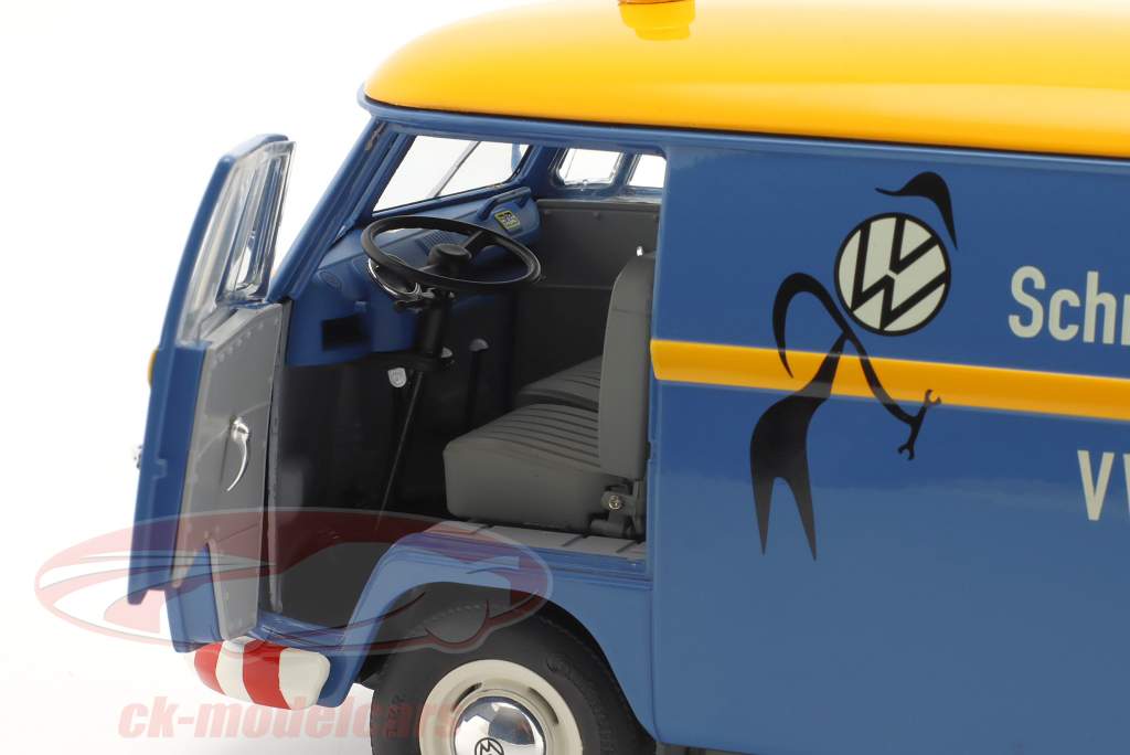 Volkswagen VW T1b fourgon Service client VW bleu / jaune 1:18 Schuco