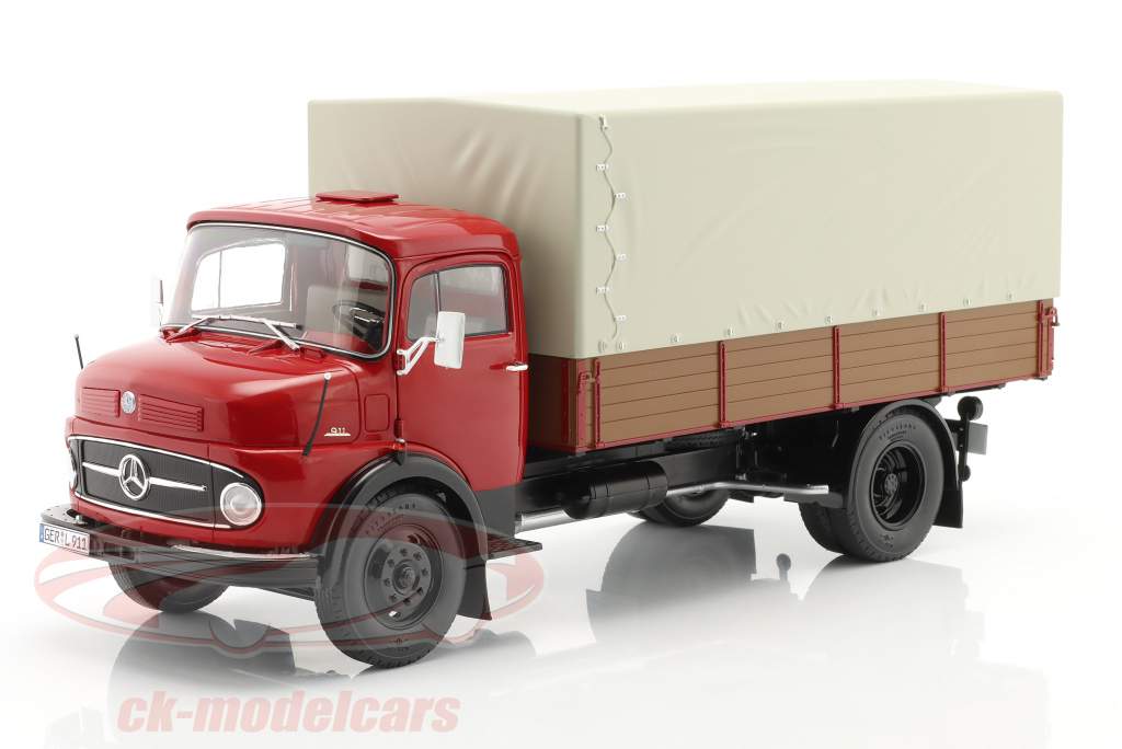 Mercedes-Benz L911 Flatbed Truck with Cover ruby red 1:18 Schuco