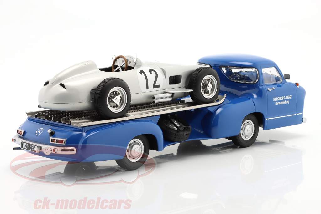 Set: Mercedes-Benz racing transporter blue Wonder With Mercedes-Benz W196 #12 1:18 WERK83