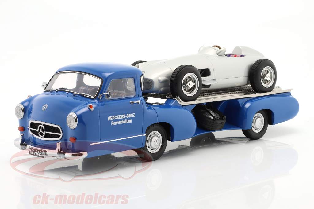 Set: Mercedes-Benz racing transporter blue wonder with Mercedes-Benz W196 1:18 WERK83