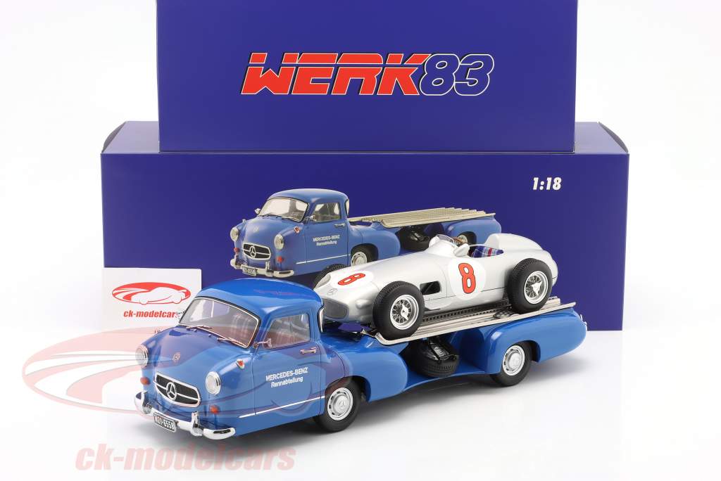 Set: Mercedes-Benz transportador de corrida azul Maravilha Com Mercedes-Benz W196 #8 1:18 WERK83
