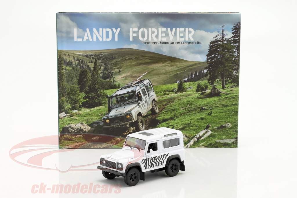 Set: Buch Landy forever & Land Rover Defender weiß / schwarz 1:38 Welly