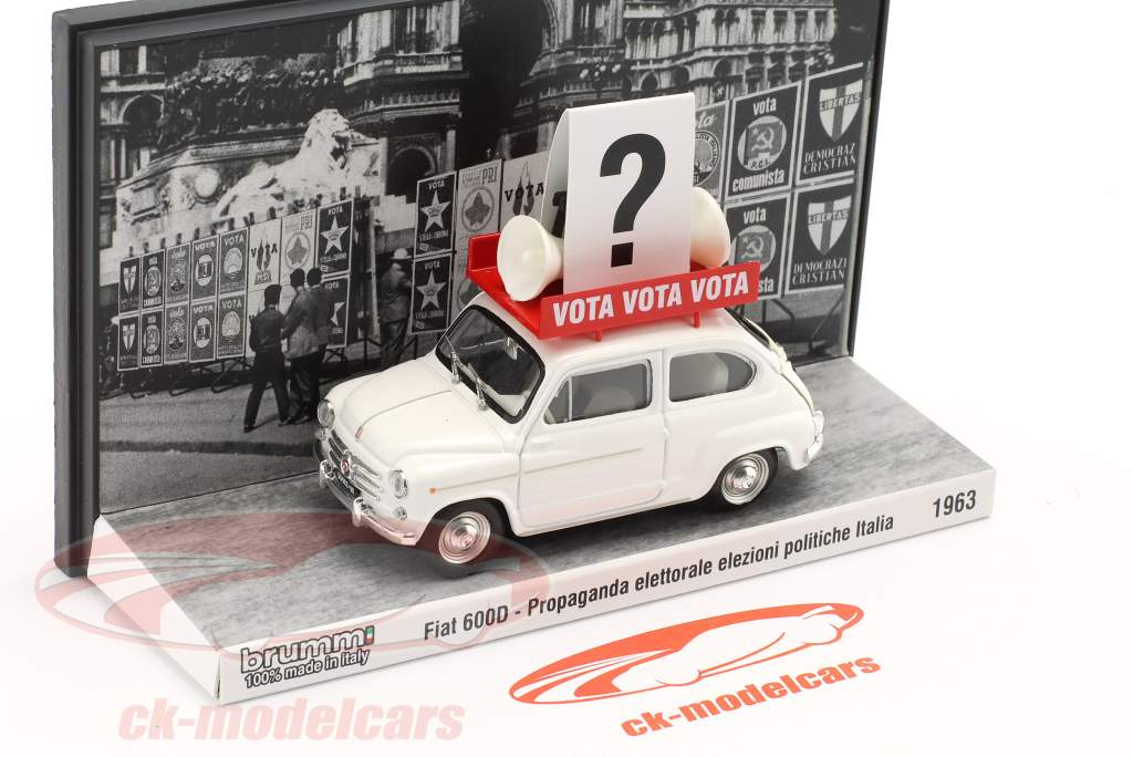 Fiat 600D Baujahr 1963 Italienisches Wahl Propaganda Fahrzeug weiß 1:43 Brumm