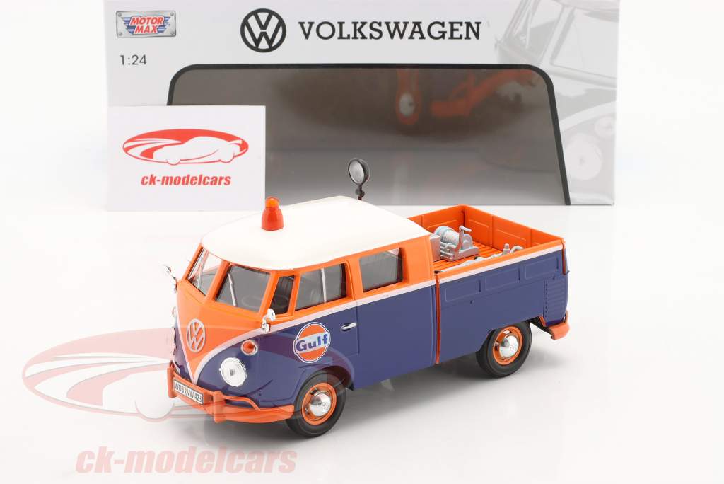 Volkswagen VW T1 (Taper 2) autobus à plateau Gulf Service bleu / orange 1:24 MotorMax