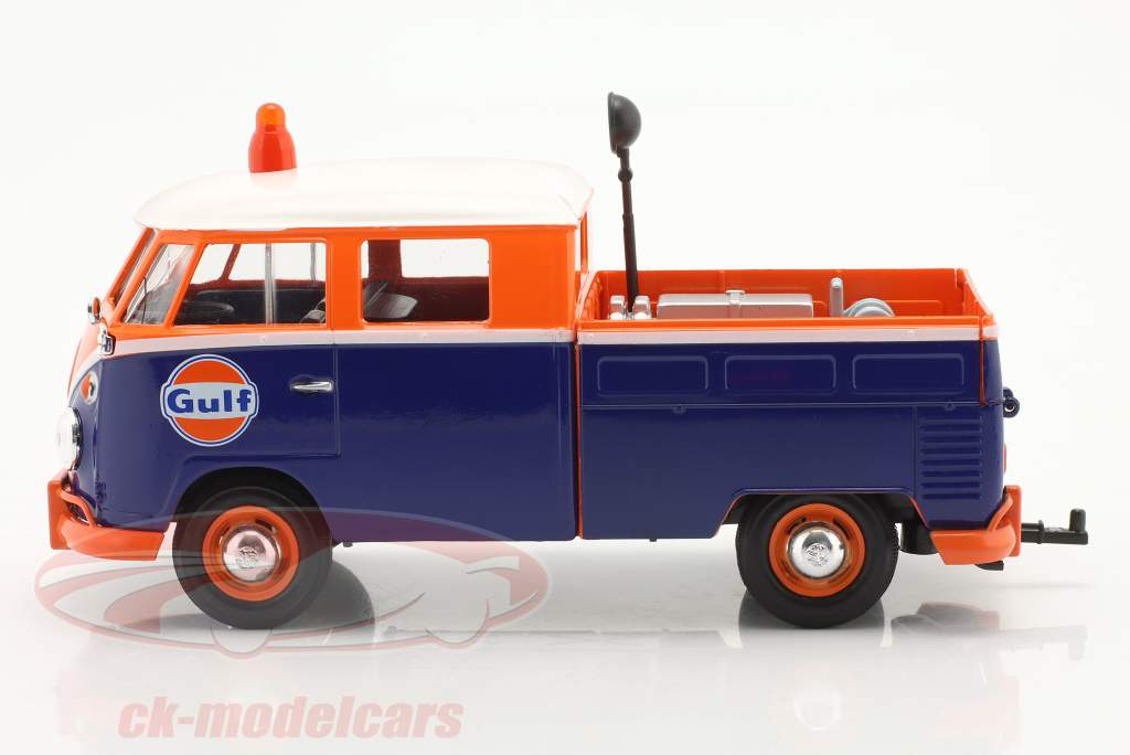 Volkswagen VW T1 (Type 2) flatbed bus Gulf Service blå / orange 1:24 MotorMax