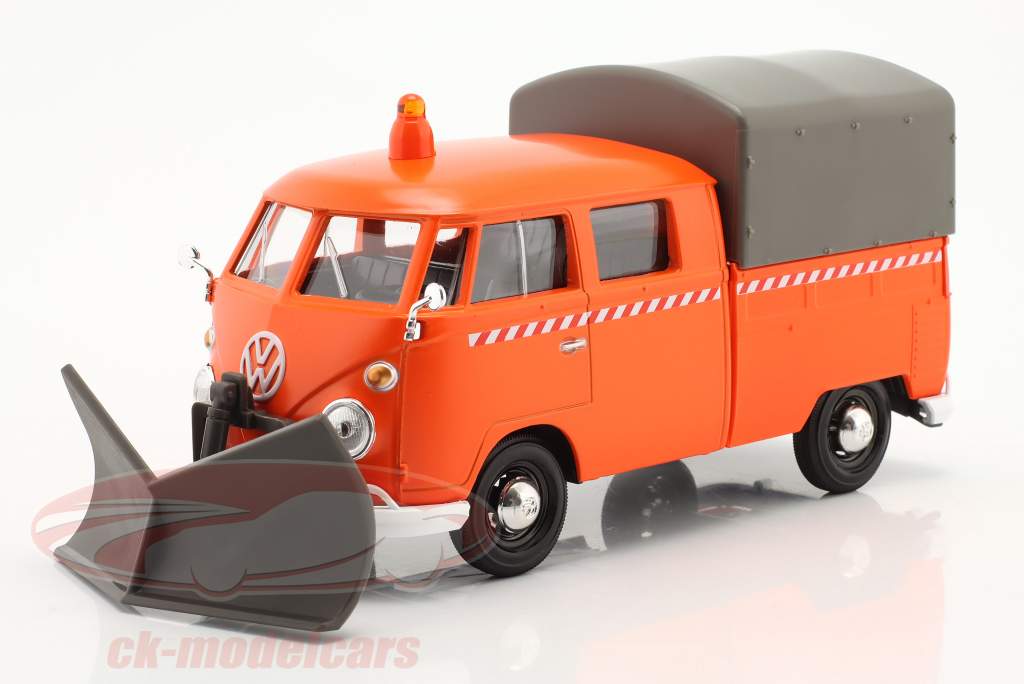 Volkswagen VW T1 (Typ 2) Schneepflug Pritschenbus mit Plane orange 1:24 MotorMax