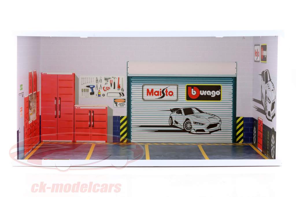 Werkstatt-Diorama mit Beleuchtung für Modellautos im Maßstab 1:18 Bburago