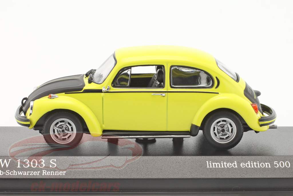 Volkswagen VW Bille 1303 S Byggeår 1973 gul-sort racer 1:43 Minichamps