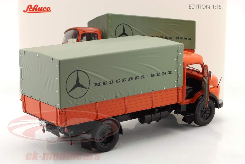Mercedes-Benz L911 Kurzhauber flatbed truck orange 1:18 Schuco