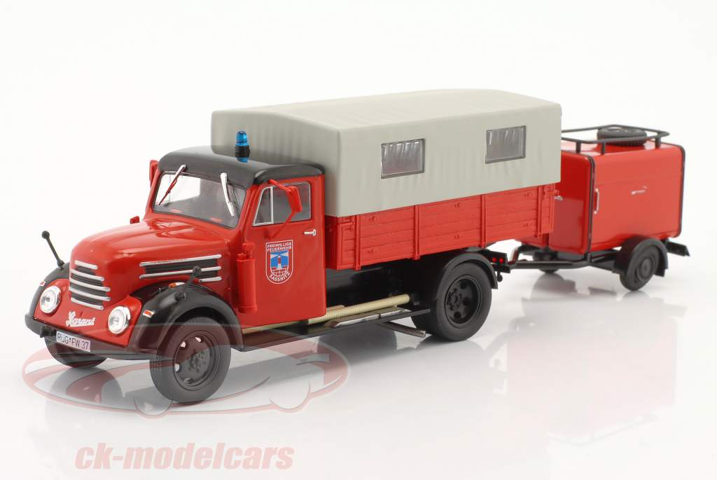 Robur Garant 30K Brandvæsen trup varevogn med Trailer 1:43 Altaya