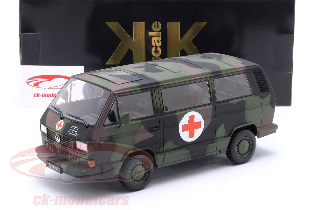 Volkswagen VW T3 Bus Syncro bevæbnede styrker ambulance 1987 camouflage 1:18 KK-Scale