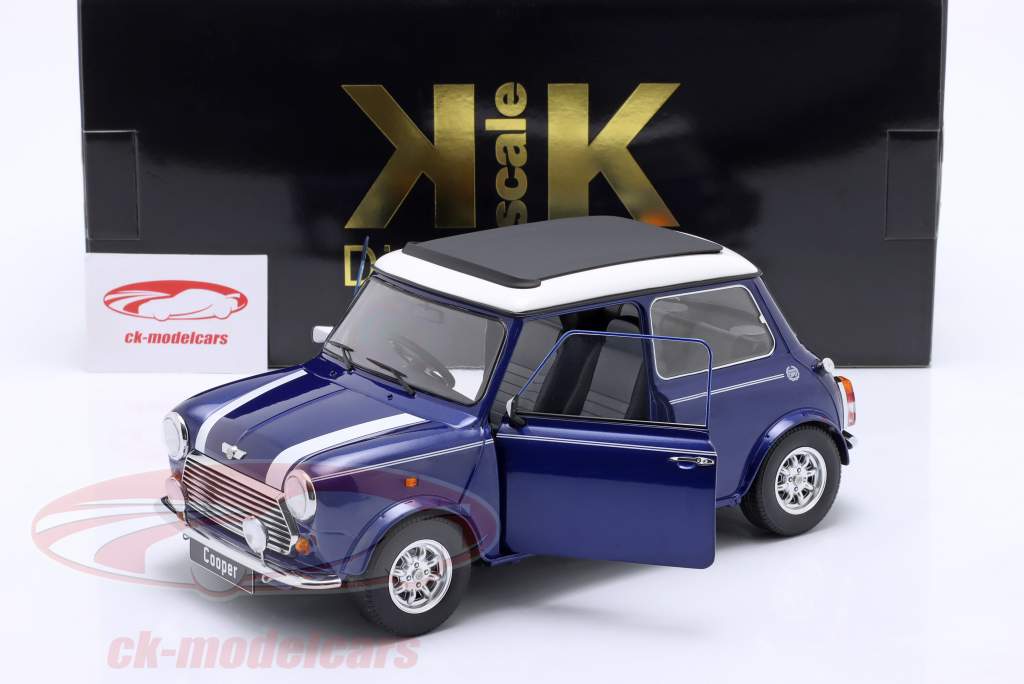 Mini Cooper met zonnedak blauw metalen / wit RHD 1:12 KK-Scale