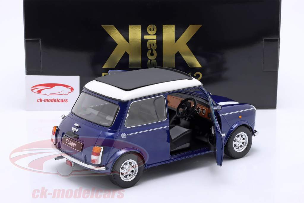 Mini Cooper com teto solar azul metálico / branco RHD 1:12 KK-Scale
