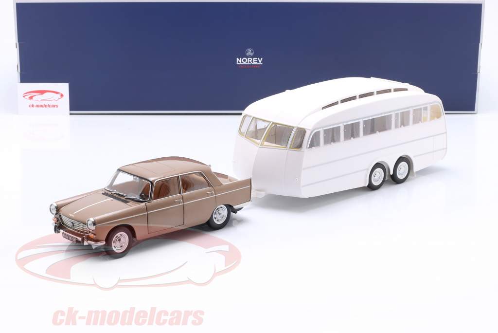 Peugeot 404 year 1965 brown metallic with Henon caravan white 1:18 Norev