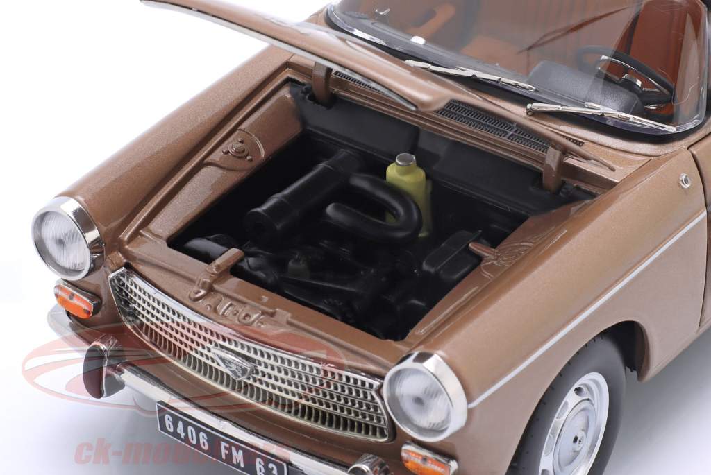 Peugeot 404 Bouwjaar 1965 bruin metalen met Henon caravan wit 1:18 Norev