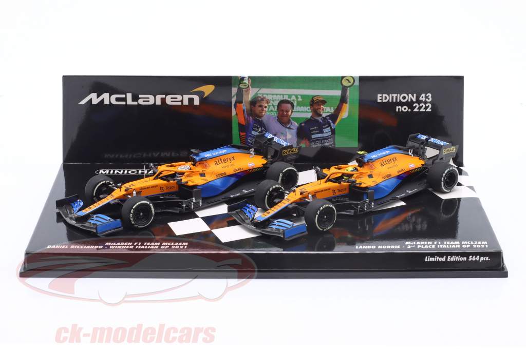 2-Car Set Ricciardo #3 winnaar & Norris #4 2e Italië GP Formule 1 2021 1:43 Minichamps