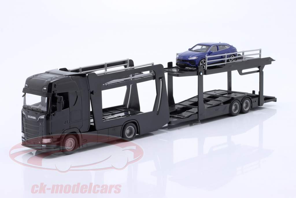 Scania S730 transportador de coches negro con Lamborghini azul metálico 1:43 Bburago