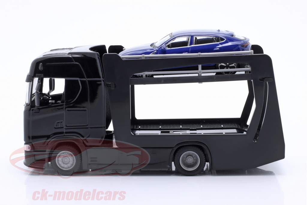 Scania S730 Bisarca per auto nero con Lamborghini blu metallico 1:43 Bburago