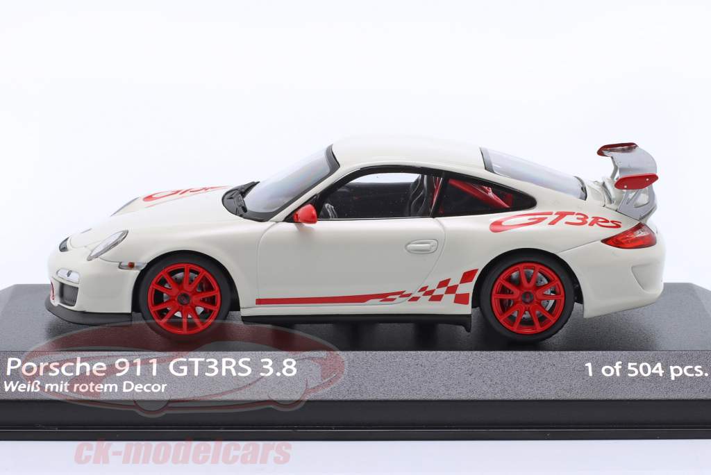 Porsche 911 (997.II) GT3 RS 3.8 year 2009 white with red decor 1:43 Minichamps