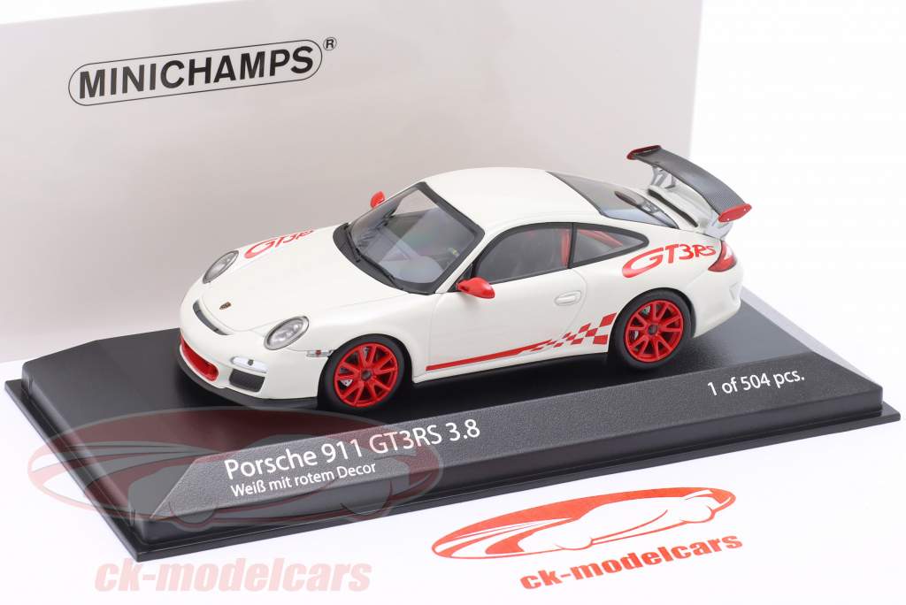 Porsche 911 (997.II) GT3 RS 3.8 Année de construction 2009 blanc avec rouge décor 1:43 Minichamps