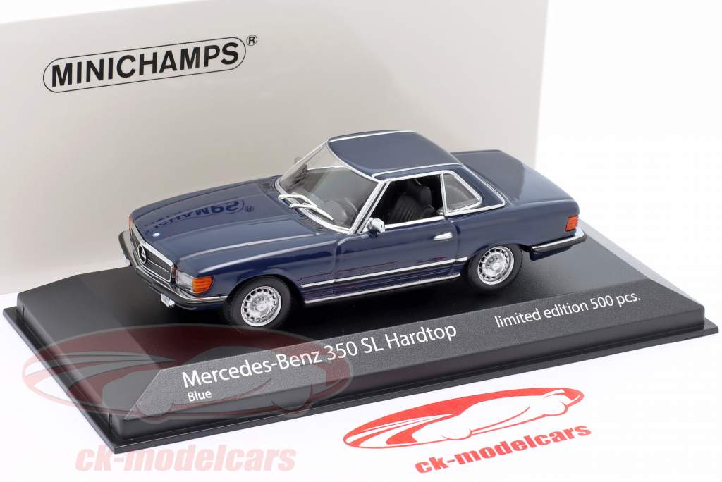 Mercedes-Benz 350 SL (R107) Techo rígido Año de construcción 1974 azul 1:43 Minichamps
