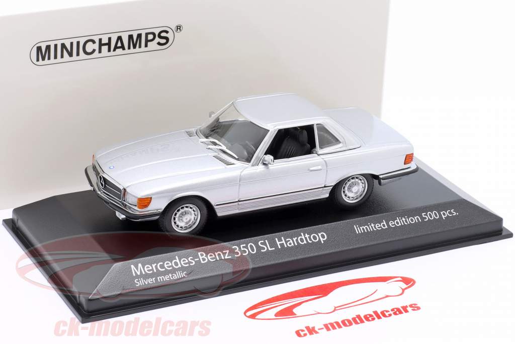 Mercedes-Benz 350 SL (R107) Hardtop Bouwjaar 1974 zilver metalen 1:43 Minichamps