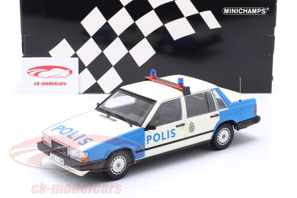 Volvo 740 GL polícia Suécia 1986 branco / azul 1:18 Minichamps