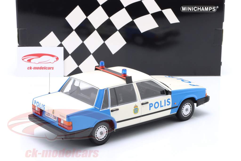 Volvo 740 GL policía Suecia 1986 blanco / azul 1:18 Minichamps