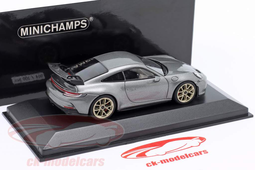 Porsche 911 (992) GT3 2021 agaat grijs metalen / gouden velgen 1:43 Minichamps