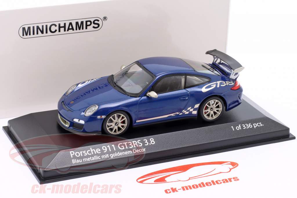 Porsche 911 (997 II) GT3 RS 3.8 Año de construcción 2009 azul metálico con decoración 1:43 Minichamps