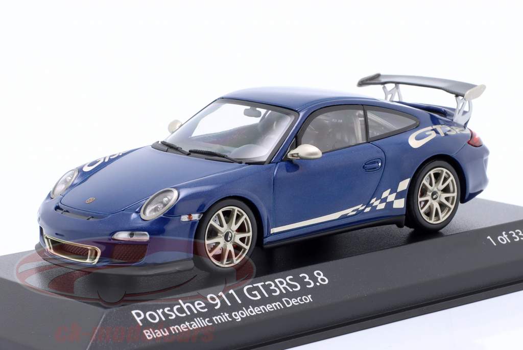 Porsche 911 (997 II) GT3 RS 3.8 Ano de construção 2009 azul metálico com decoração 1:43 Minichamps