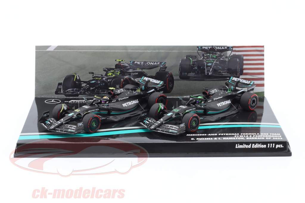 2-Car Set Hamilton #44 & Russell #63 Bahrain GP Formel 1 2023 1:43 Minichamps