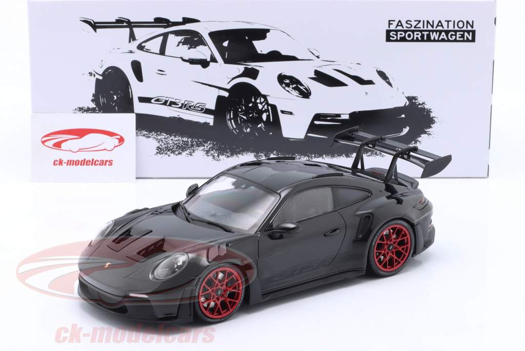Porsche 911 (992) GT3 RS year 2023 black / red rims 1:18 Minichamps