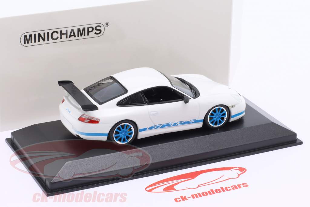 Porsche 911 (996) GT3 RS Anno di costruzione 2002 bianco / azzurro cerchi 1:43 Minichamps