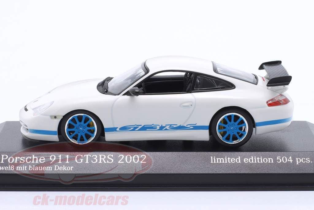 Porsche 911 (996) GT3 RS Année de construction 2002 blanc / bleu jantes 1:43 Minichamps