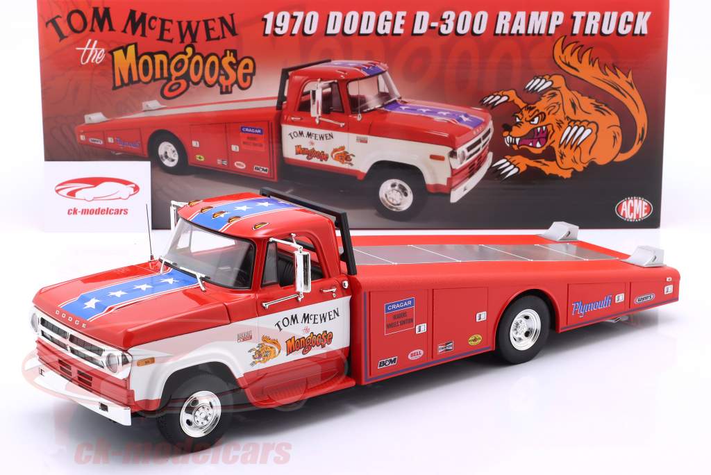 Dodge D-300 Ramp Truck Mongoose Ano de construção 1970 vermelho / branco 1:18 GMP