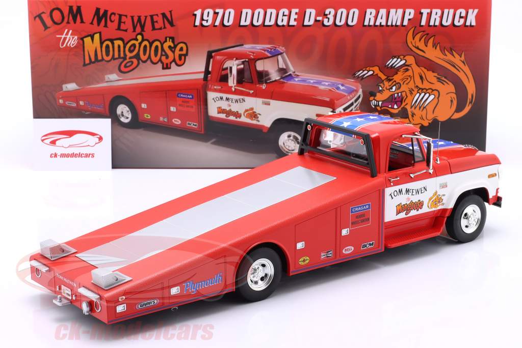 Dodge D-300 Ramp Truck Mongoose 建设年份 1970 红色的 / 白色的 1:18 GMP