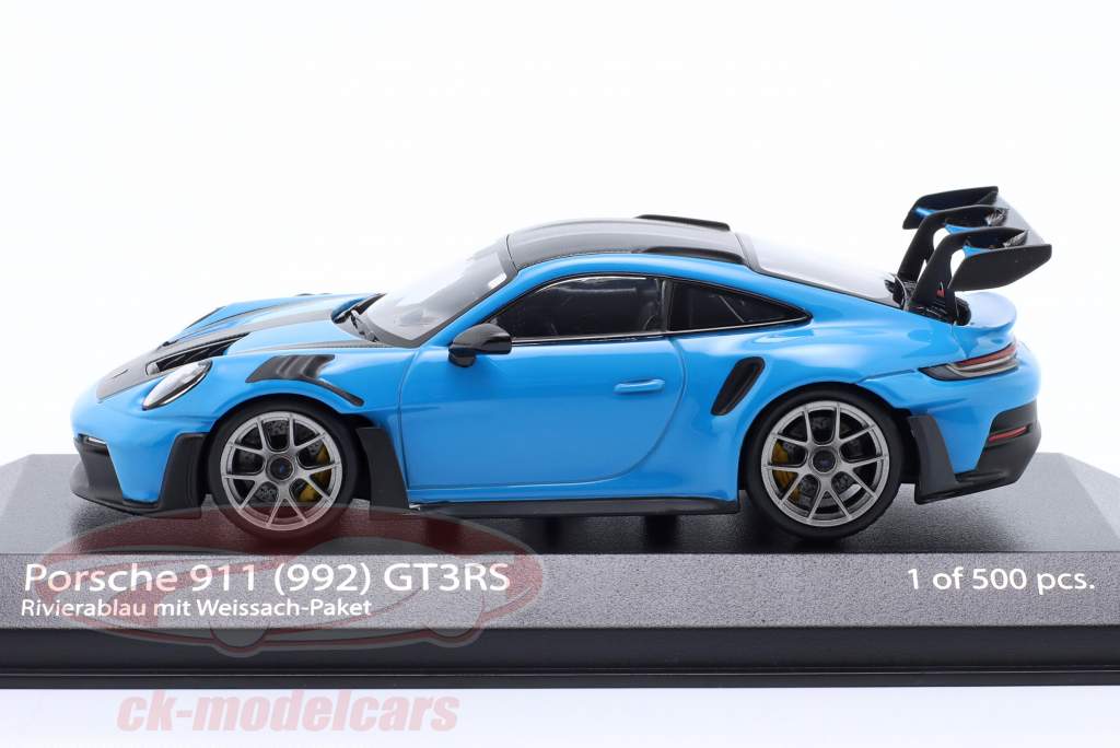Porsche 911 (992) GT3 RS 2023 blauw / donker zilver velgen 1:43 Minichamps