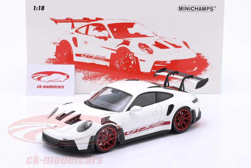 Porsche 911 (992) GT3 RS Baujahr 2022 weiß / rote Felgen 1:18 Minichamps